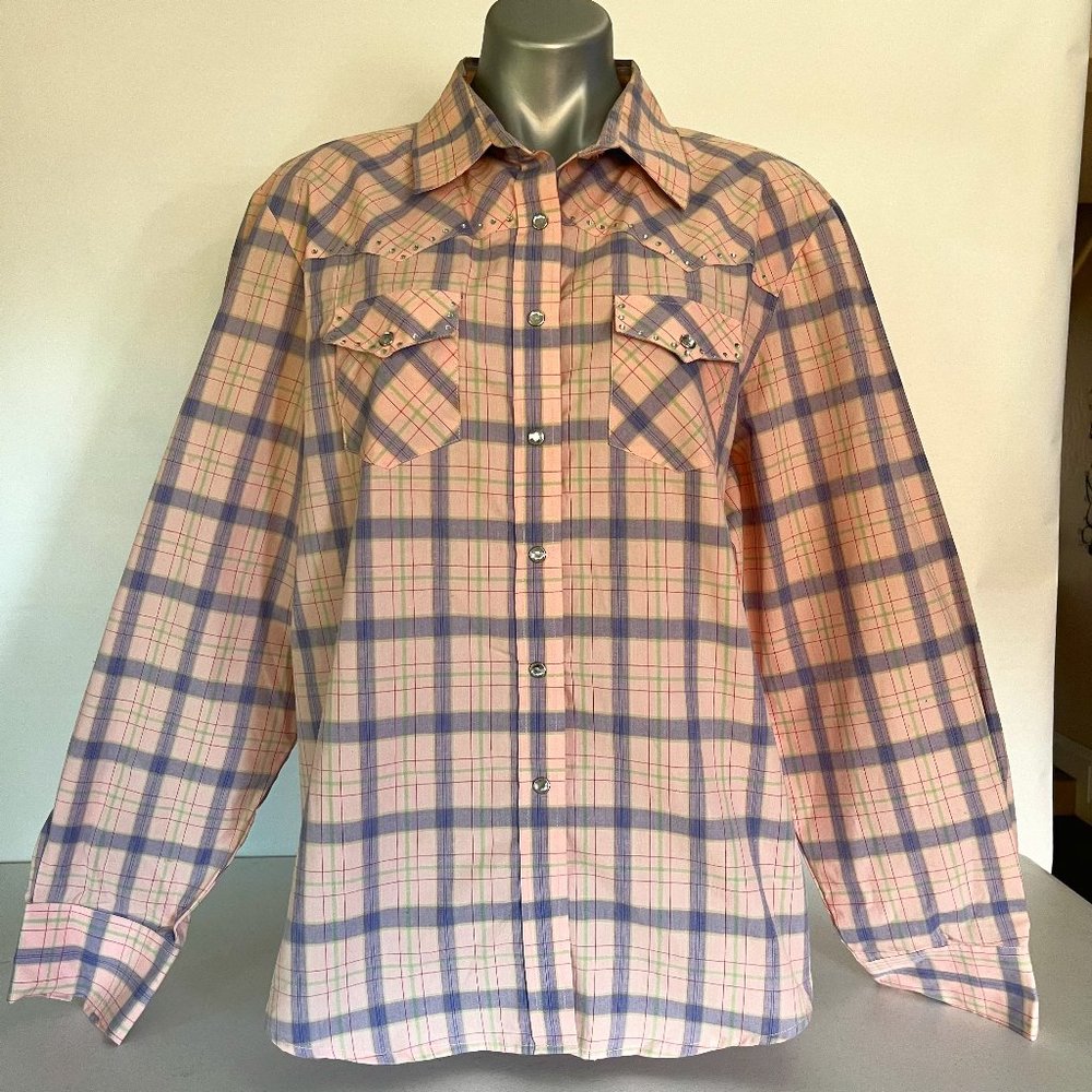 Vtg Crazy Cowgirl Western Shirt Sz 2X Pink Purple Plaid Bedazzled Long Sleeve Fr